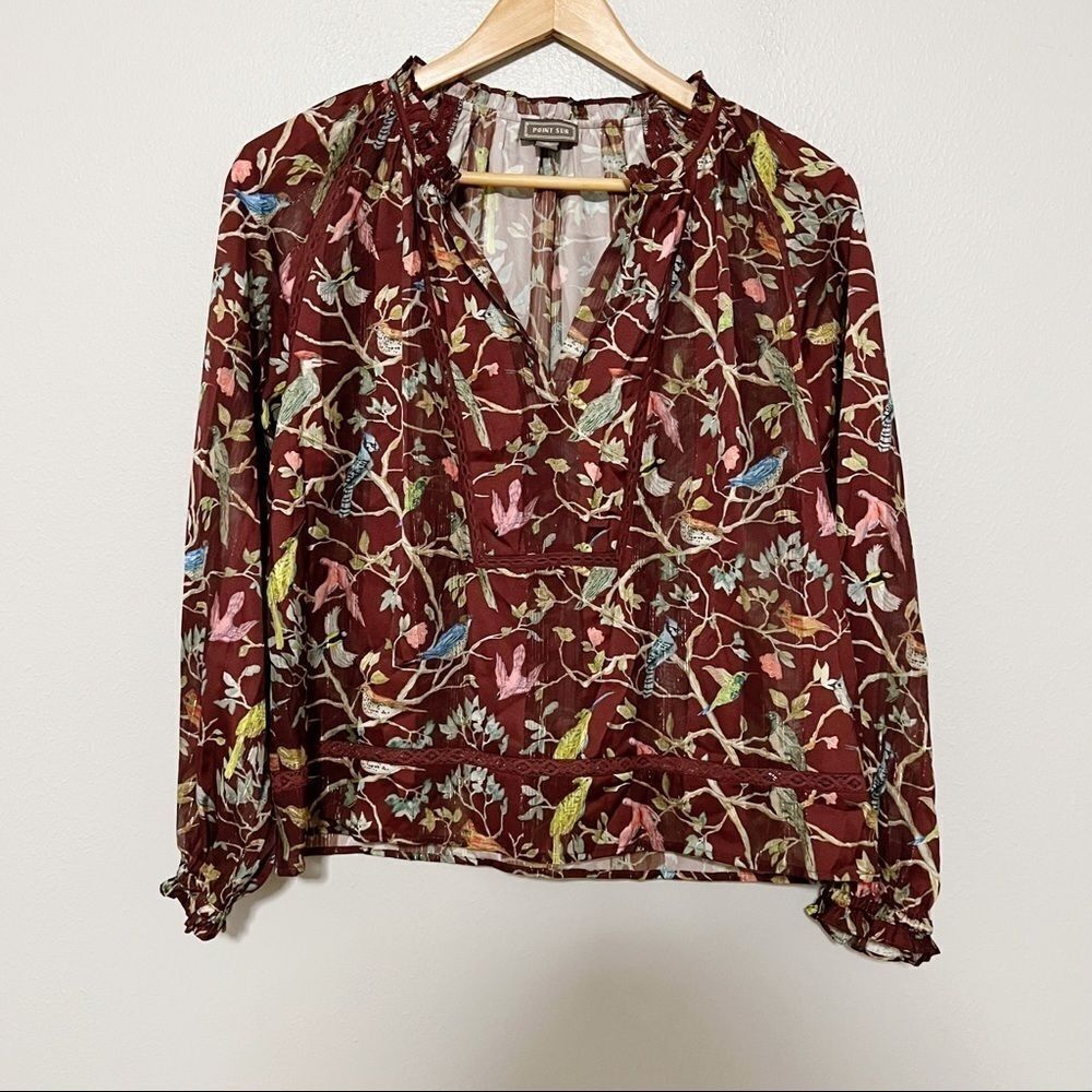 J. Crew Point Sur Menagerie Ruffle Popover Top sz S Floral bird print brown - Picture 2 of 7